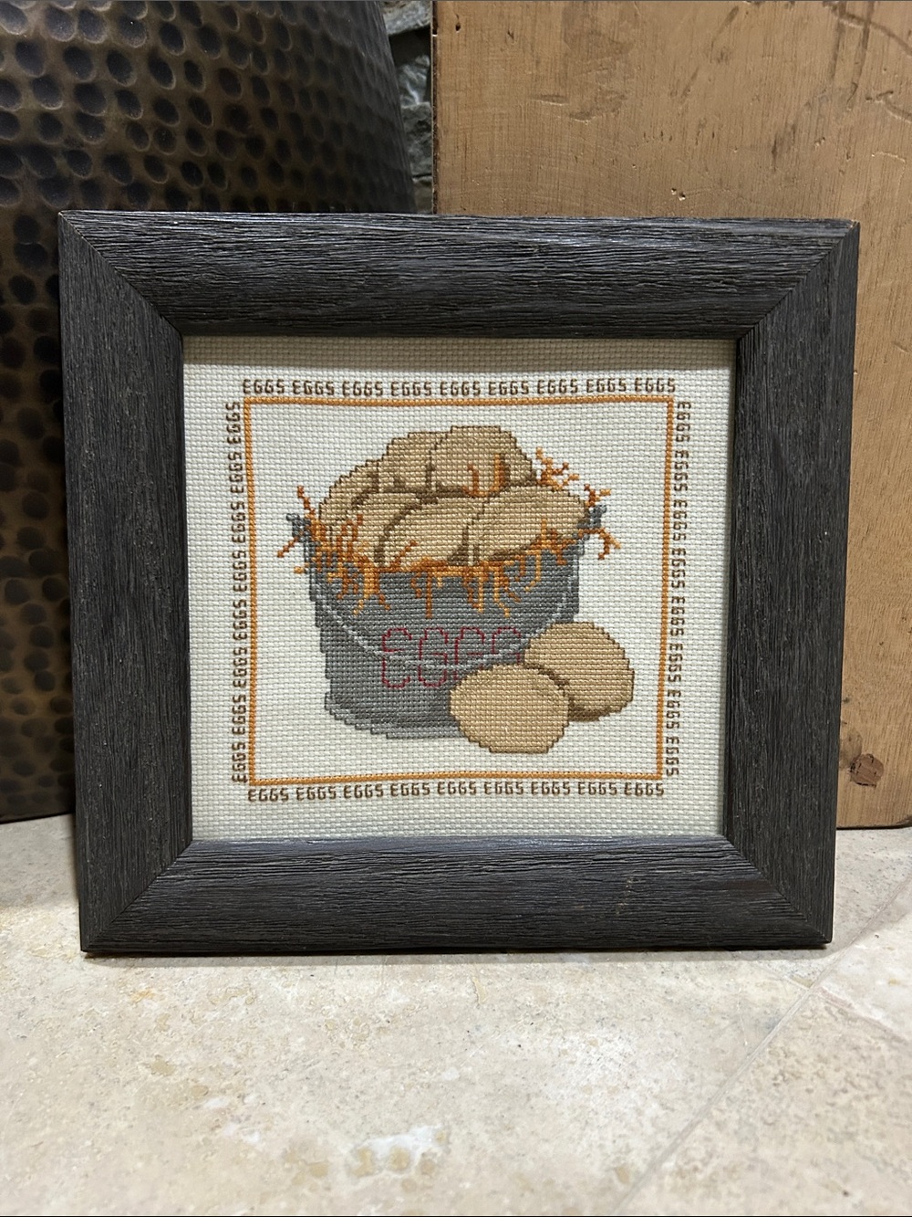vintage counted cross-stitch Framed Rustic Egg Basket Wall Art